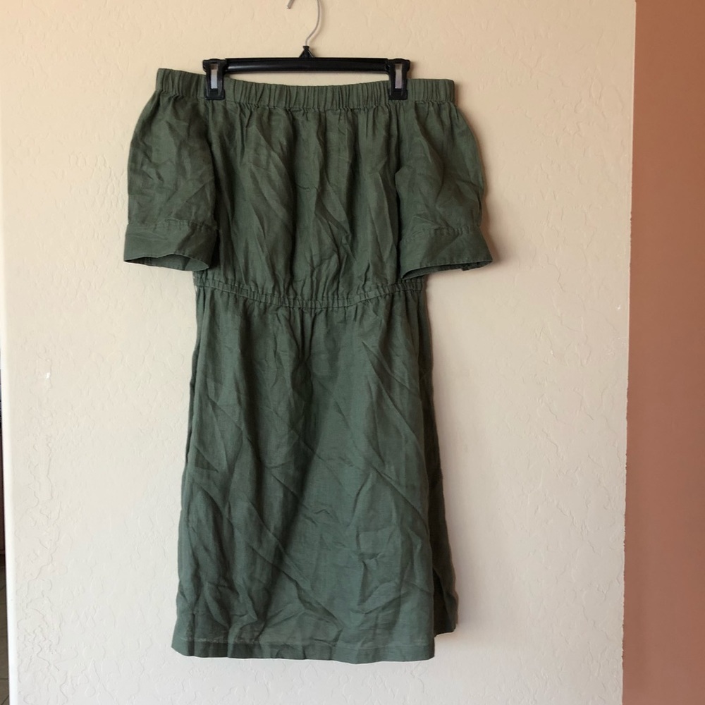 Frame off the shoulder linen medium green dress - Picture 2 of 7